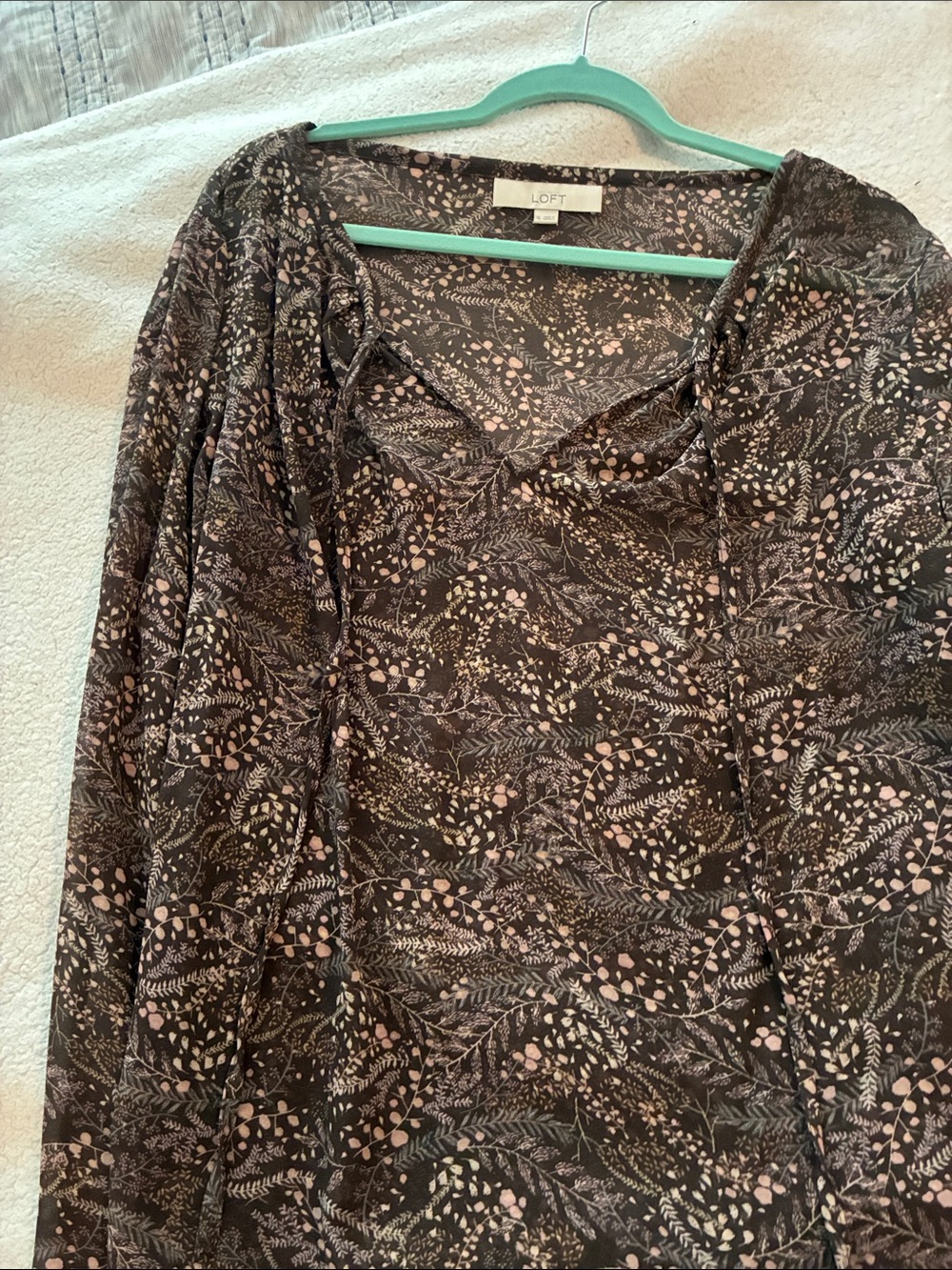 LOFT Dark Brown Floral V-Neck Tunic with Pink and Cream Accents